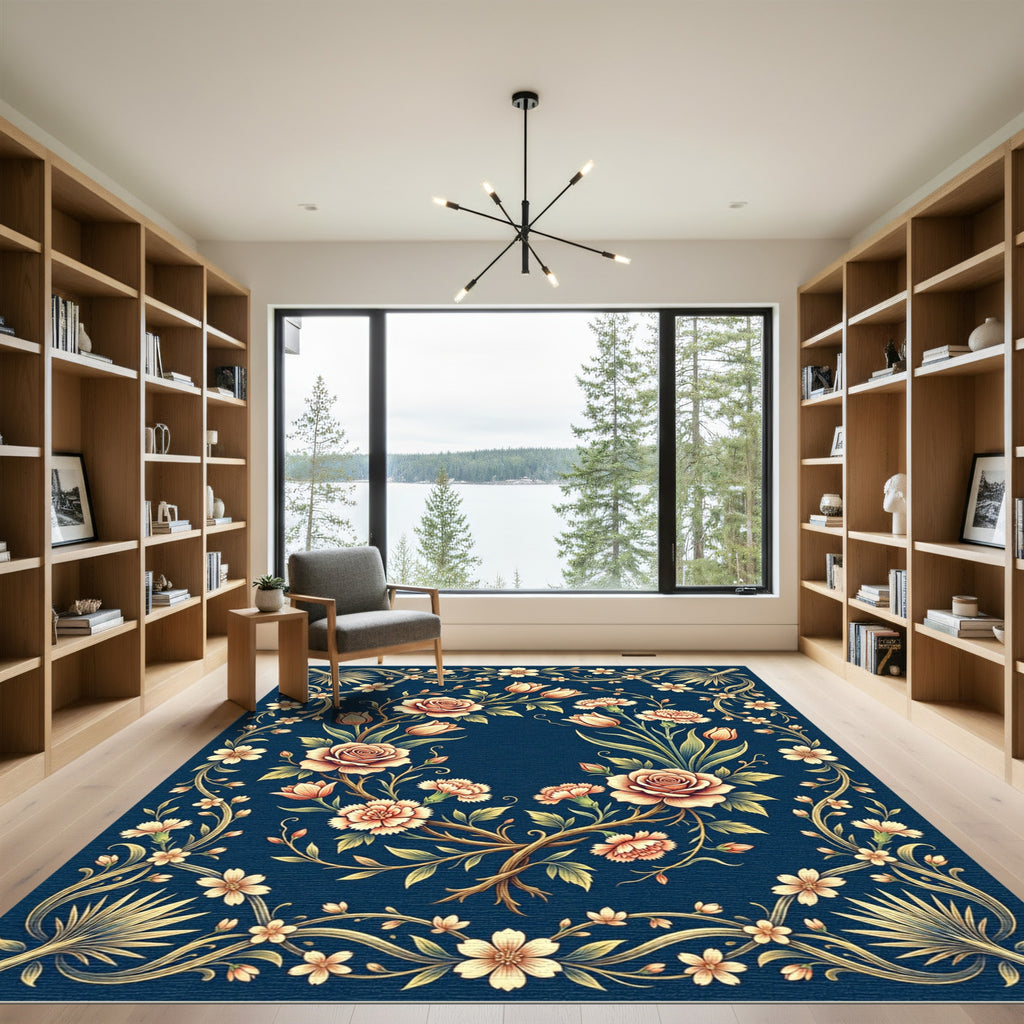 Navy Floral Bouquet with Golden Vines Rug