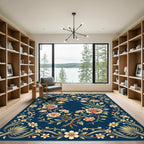 Navy Floral Bouquet with Golden Vines Rug