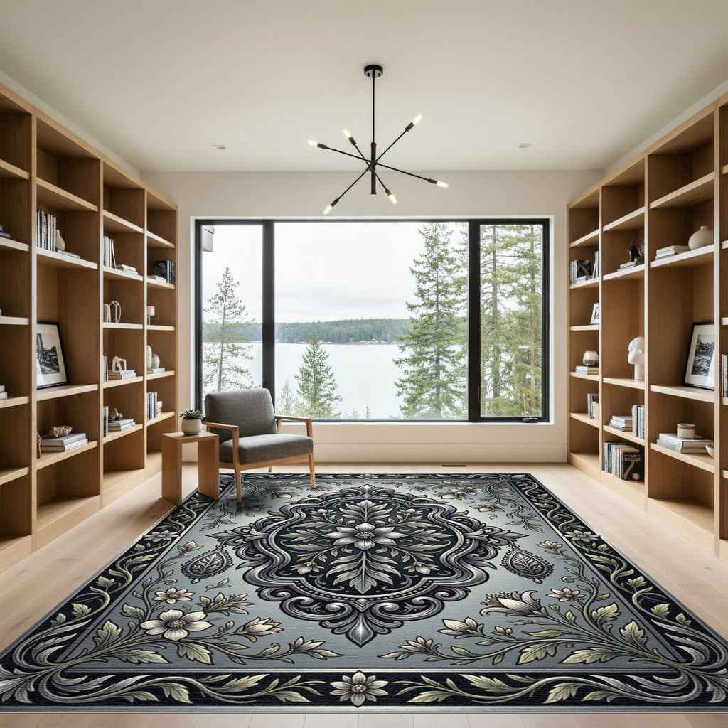 Silver Floral Damask and Swirl Medallion Rug