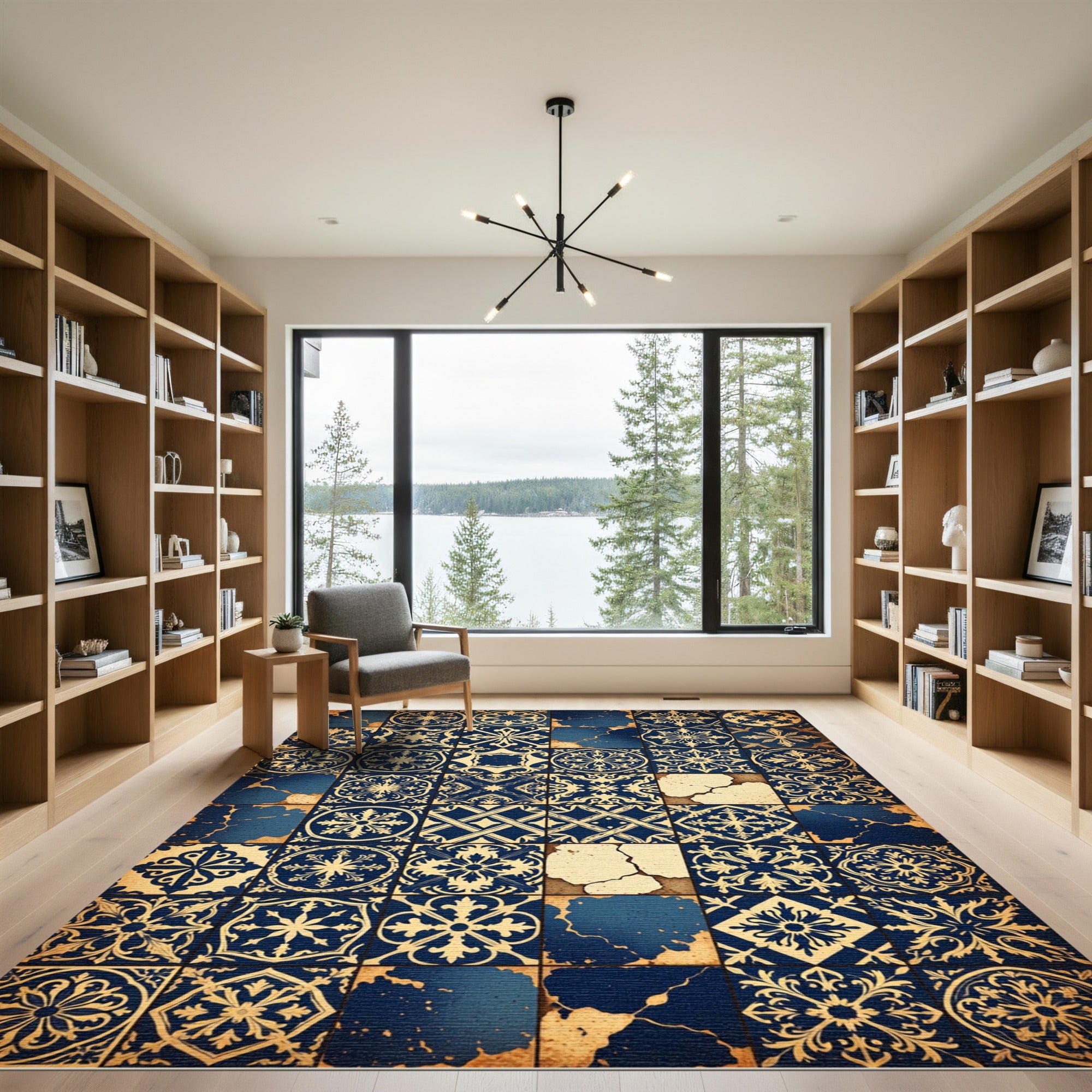 Vintage Navy Blue Floral Tile Mosaic Rug