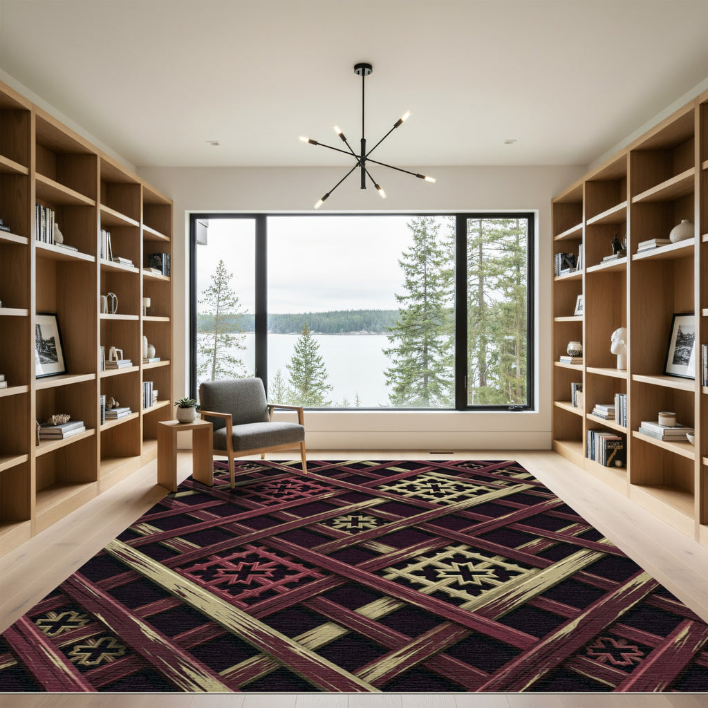 Lattice Burgundy and Gold Geometric Grid Rug