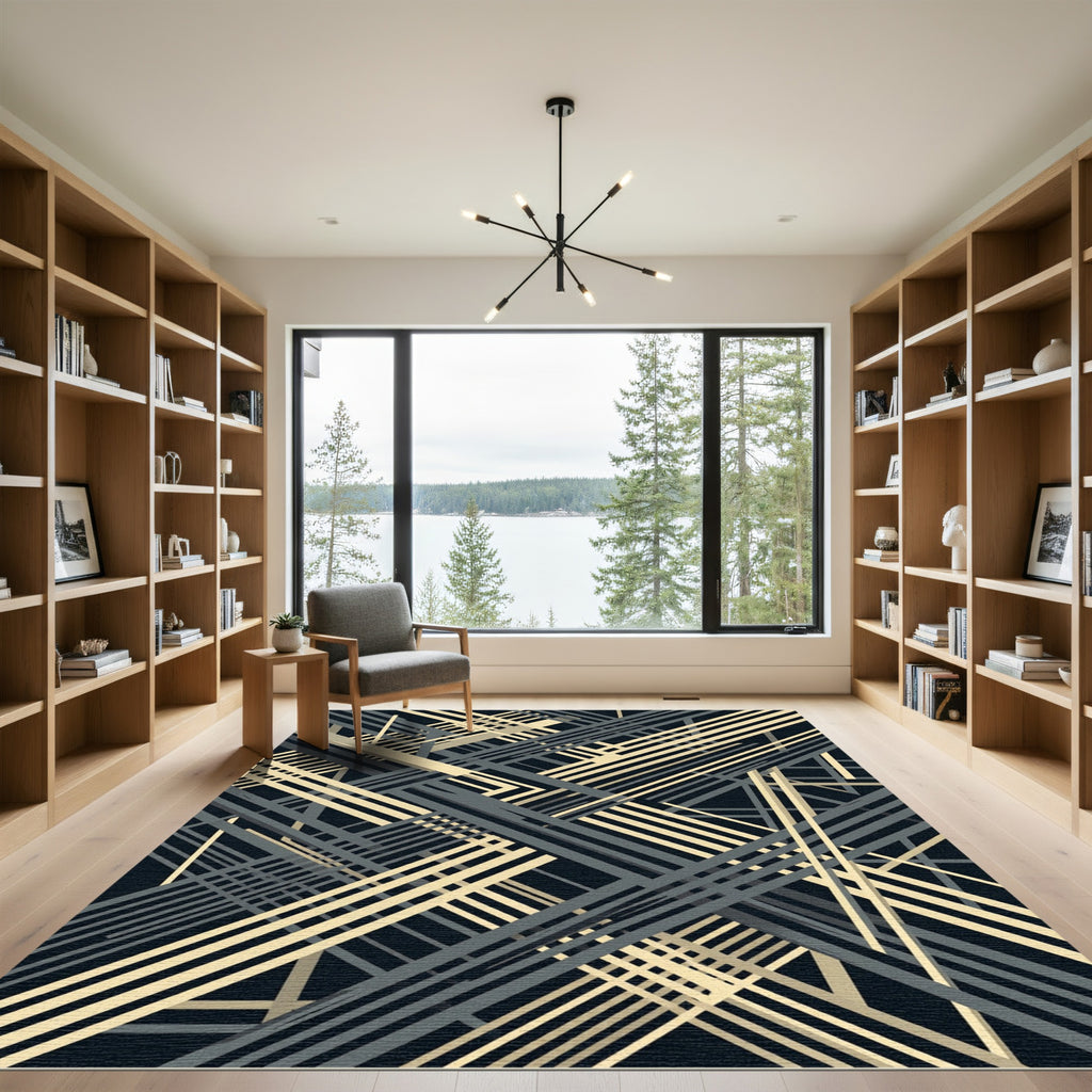 Modern Cream and Charcoal Geometric Lines Rug