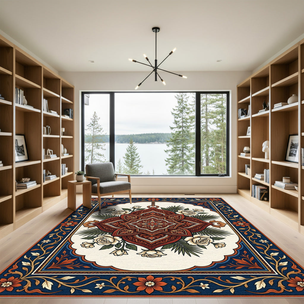 Ornate Crimson Floral Medallion Art Rug