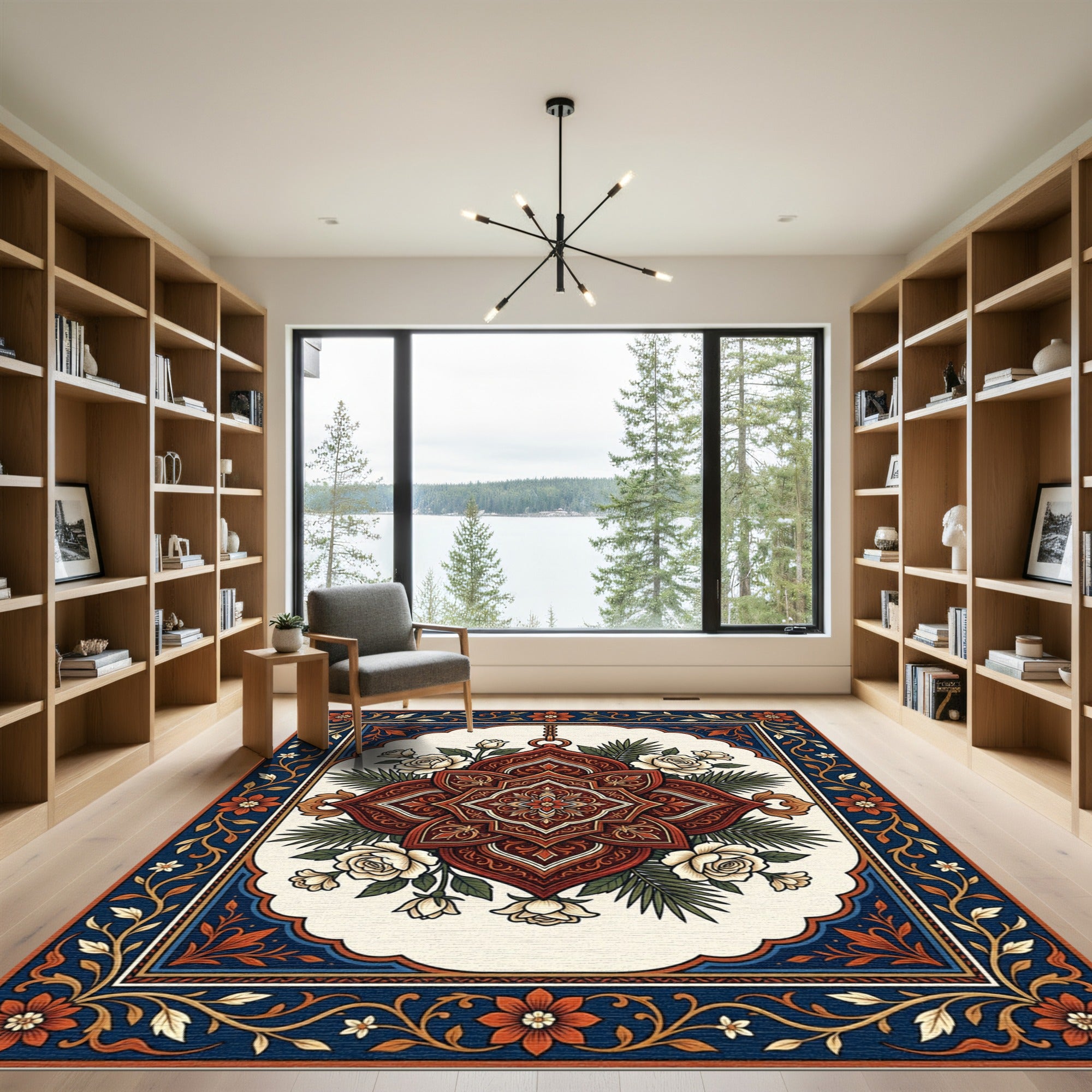 Ornate Crimson Floral Medallion Art Rug