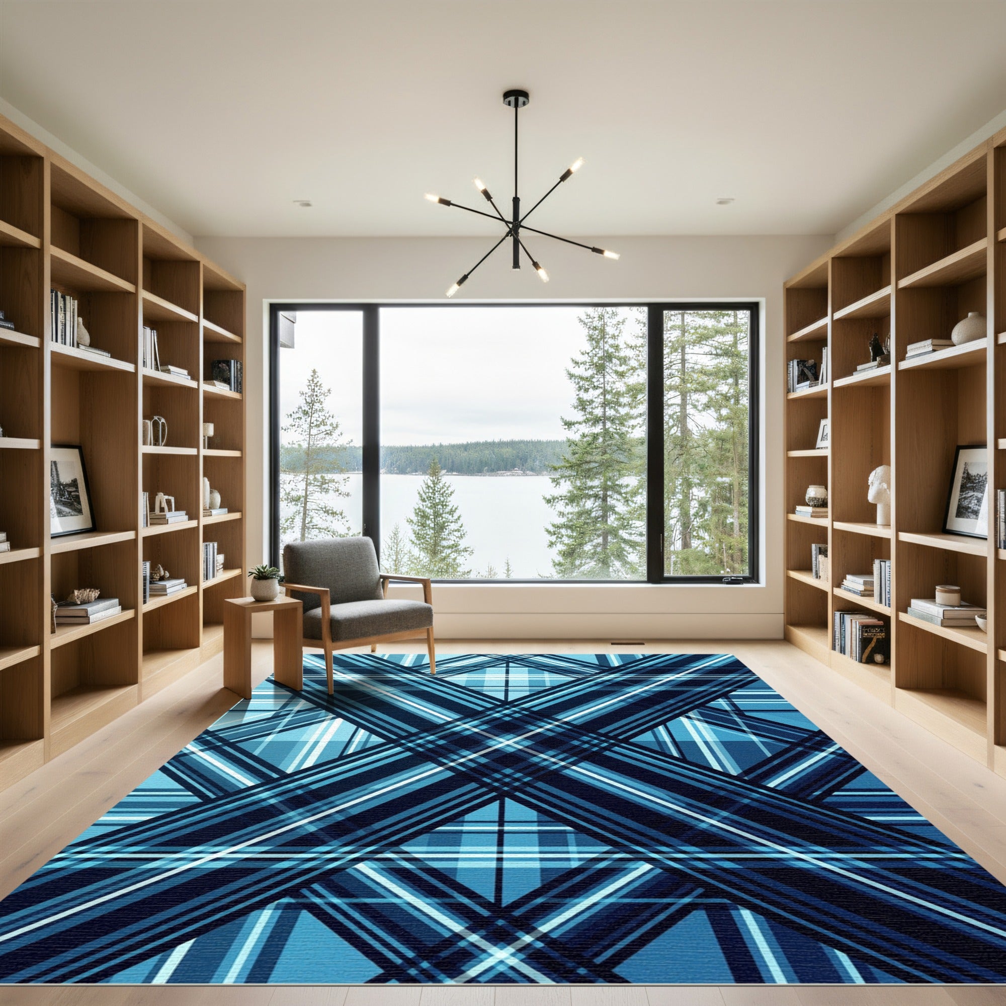 Deep Blue Modern Geometric Plaid Rug