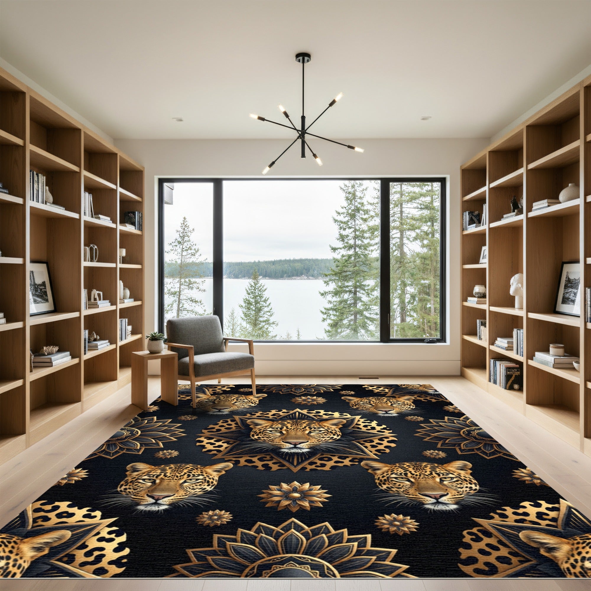 Black Gold Leopard Mandala Medallion Rug