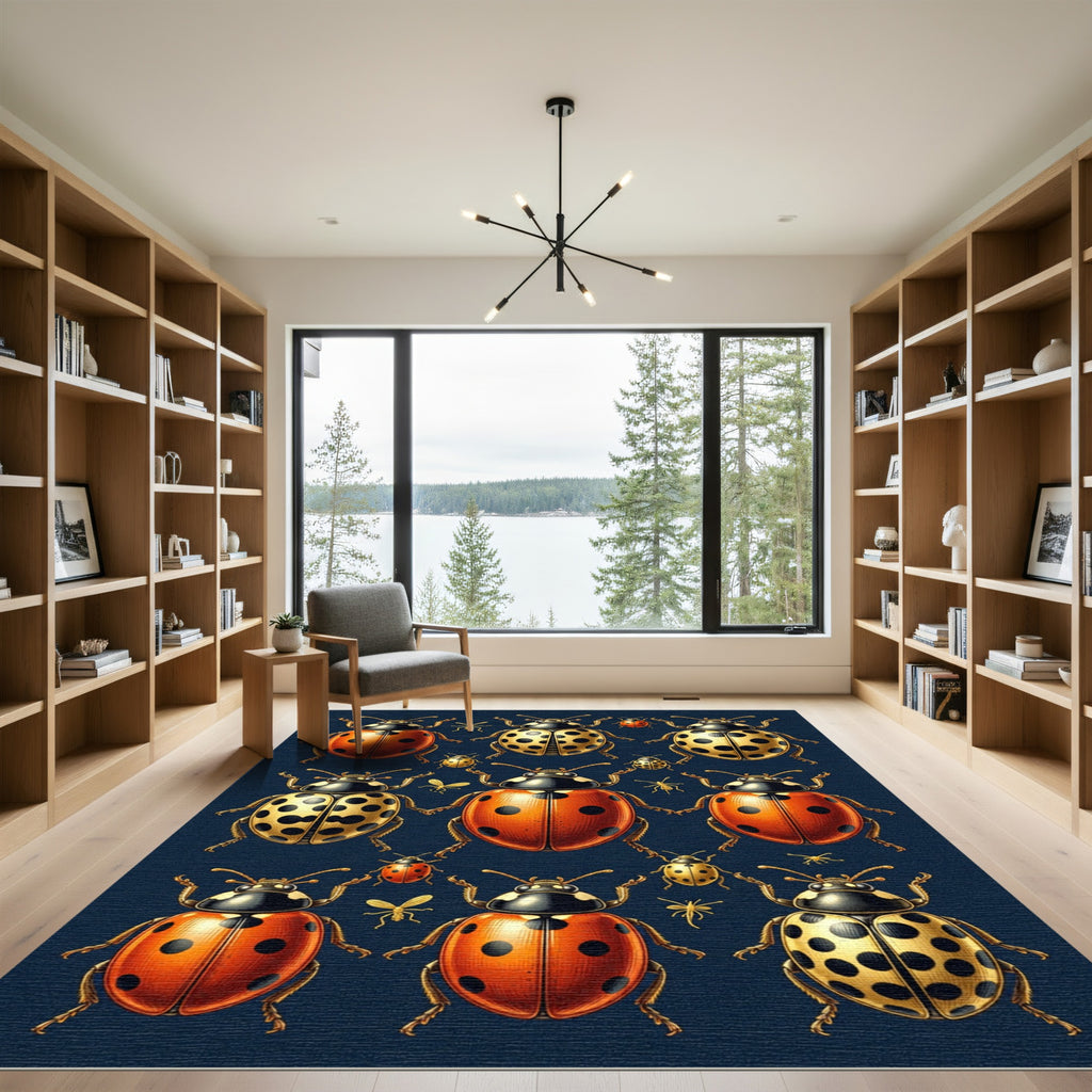 Whimsical Golden Ladybug Entomological Art Rug