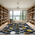 Modern Metallic Gold Gray Hexagonal Grid Rug