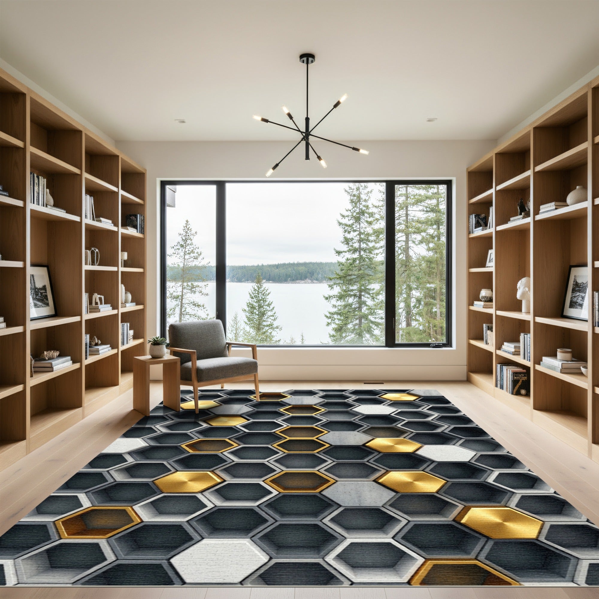 Modern Metallic Gold Gray Hexagonal Grid Rug