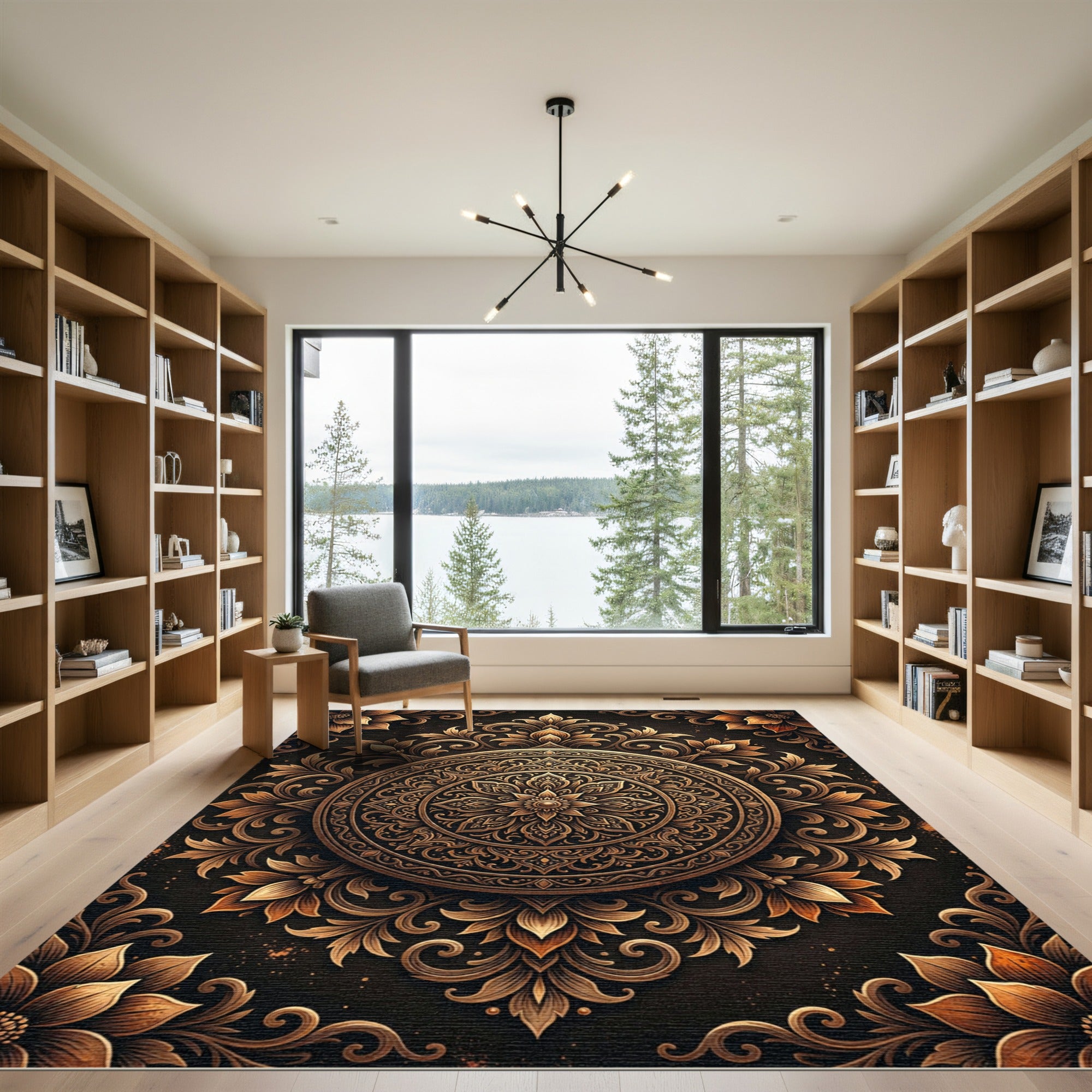 Opulent Bronze Floral Mandala Embossed Rug