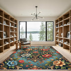 Ornate Floral Scroll Damask Teal Rug
