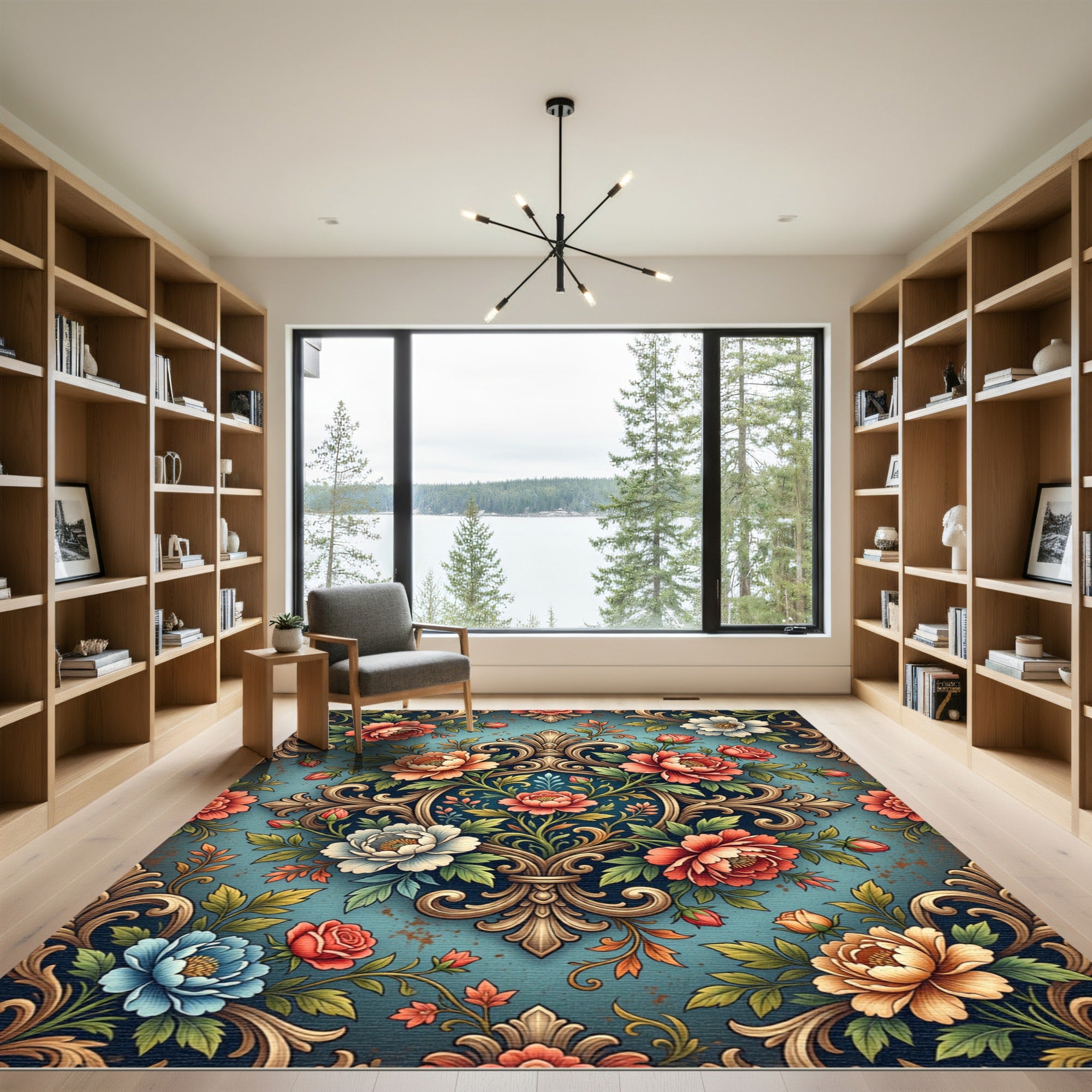 Ornate Floral Scroll Damask Teal Rug