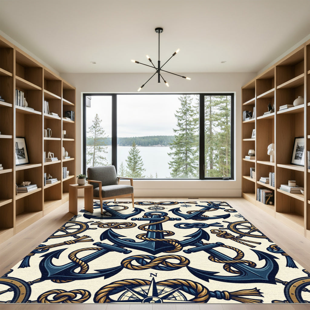 Nautical Anchor Navy And Gold Compass Rug
