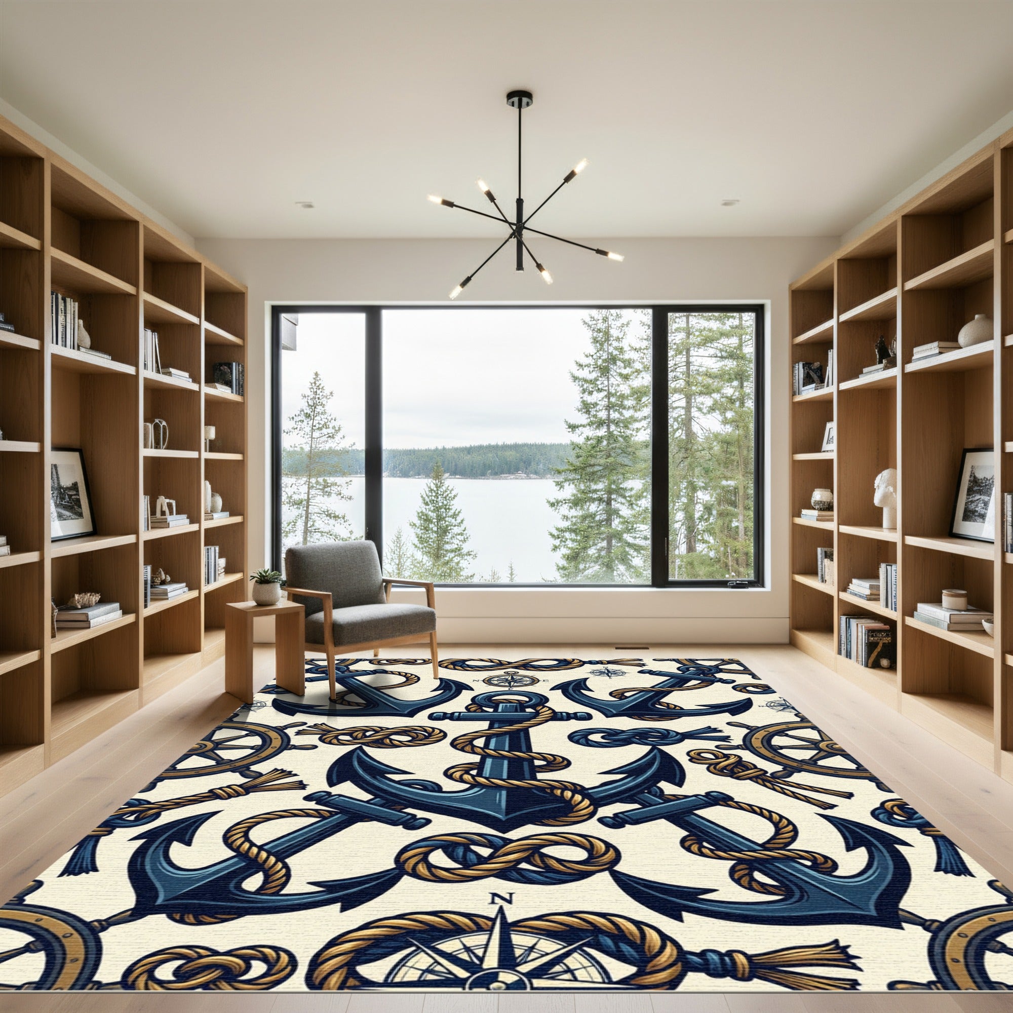 Nautical Anchor Navy And Gold Compass Rug