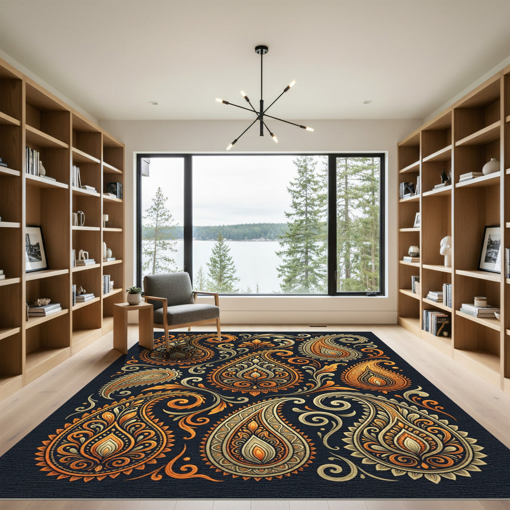 Golden Orange Paisley Elaborate Swirls Rug