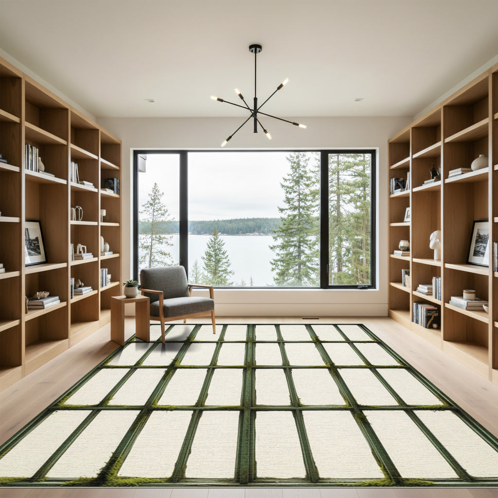 Minimalist Forest Green Grid Window Frame Rug