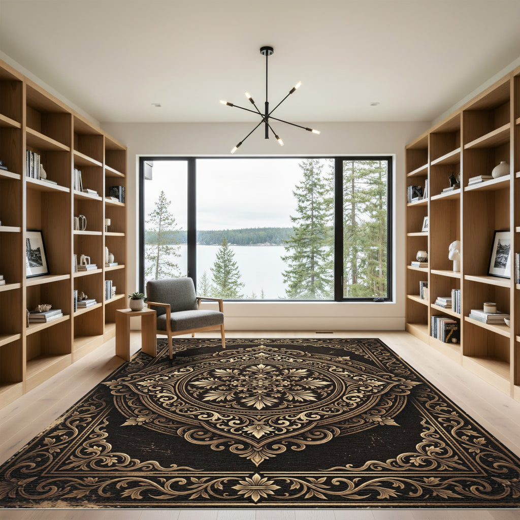 Ornate Gold Filigree Damask Medallion Rug