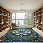 Ornate Teal Daisy Floral Mandala Rug