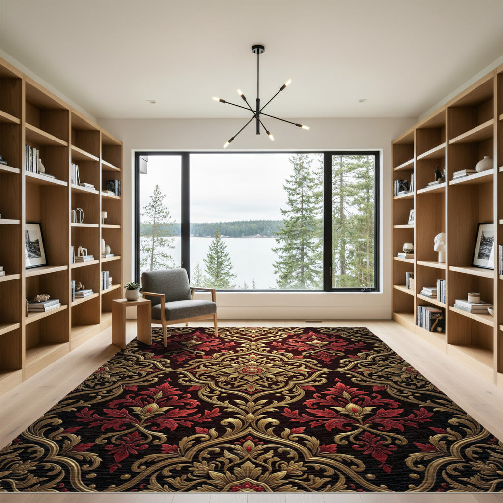 Elegant Crimson Gold Damask Medallion Rug