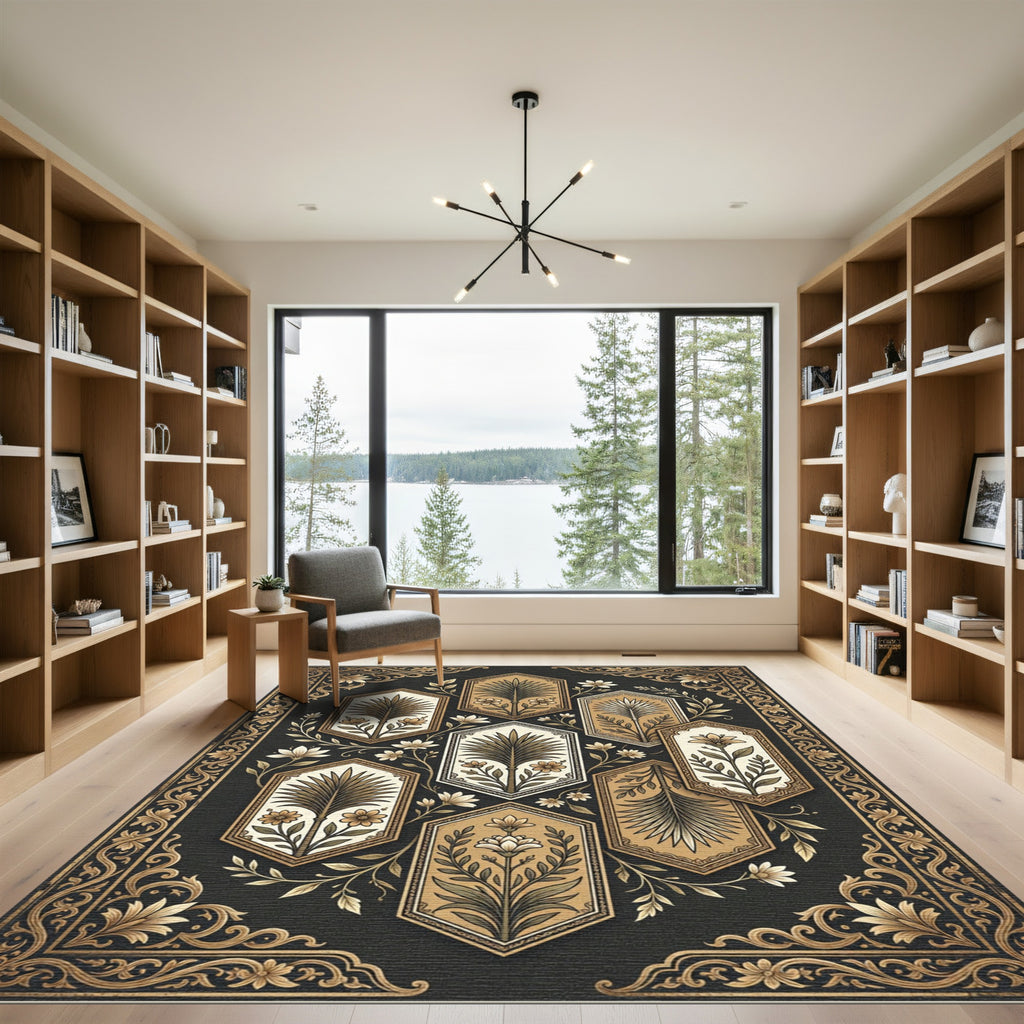 Bronze Botanical Hexagonal Gold Filigree Rug