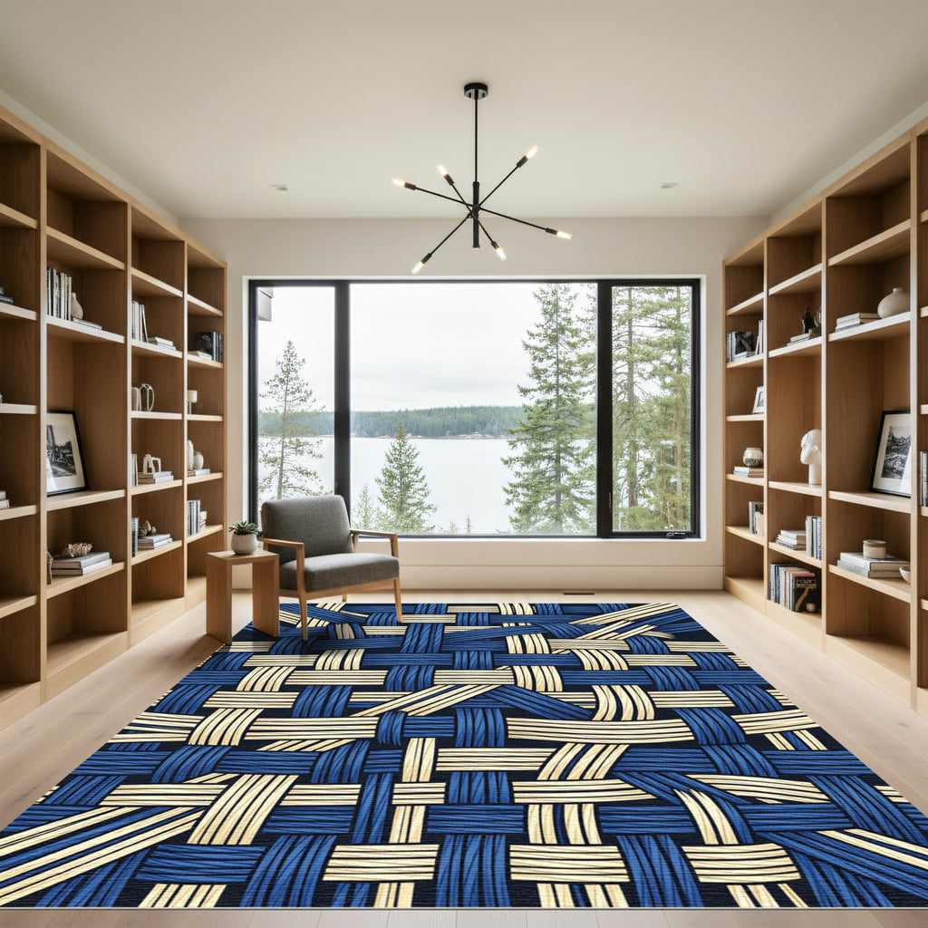 Abstract Navy and Cream Woven Weave Rug
