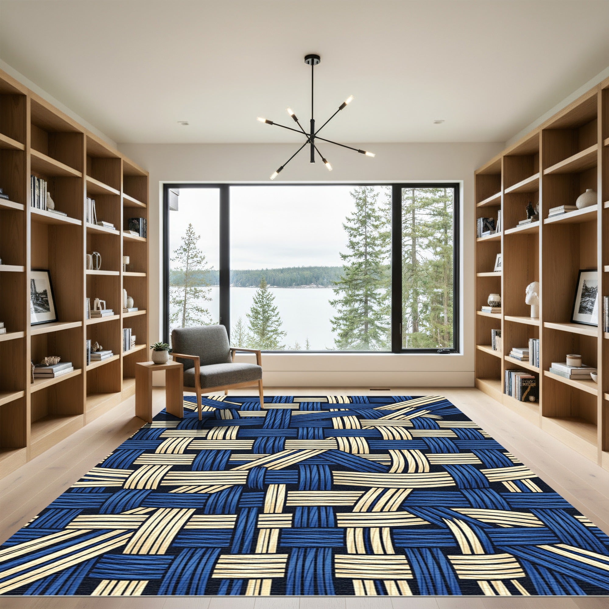 Abstract Navy and Cream Woven Weave Rug