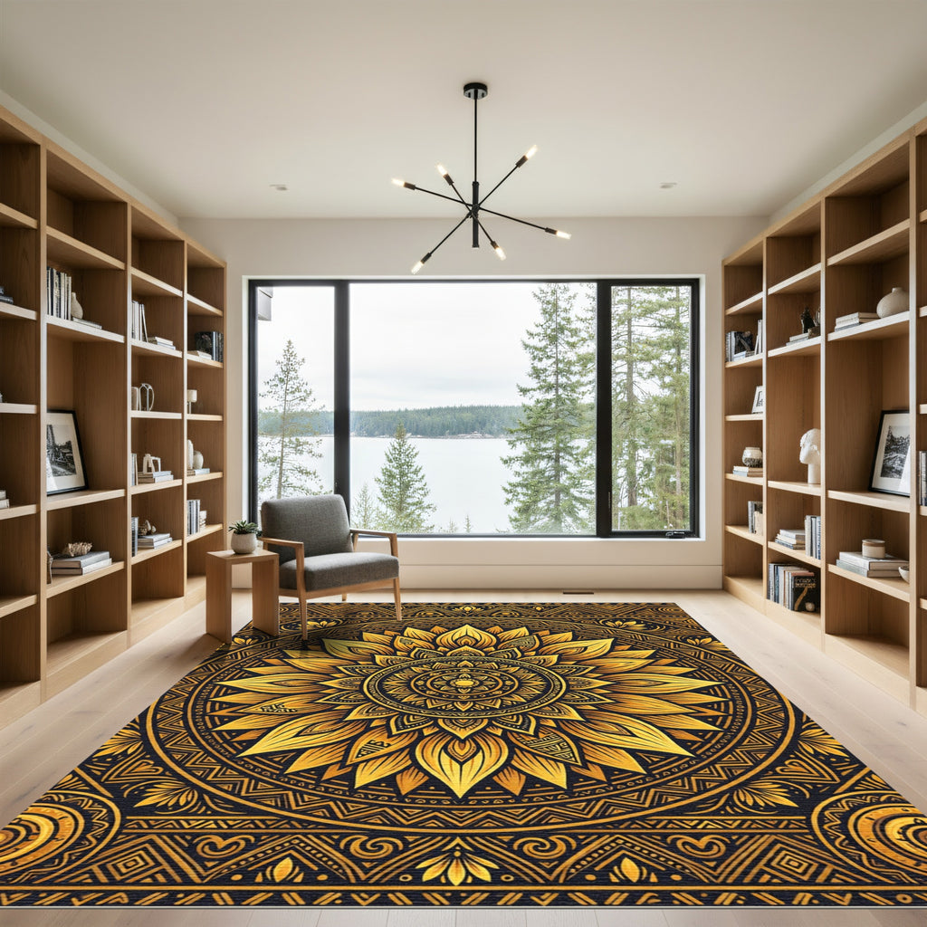 Golden Sunburst Mandala Geometric Art Rug