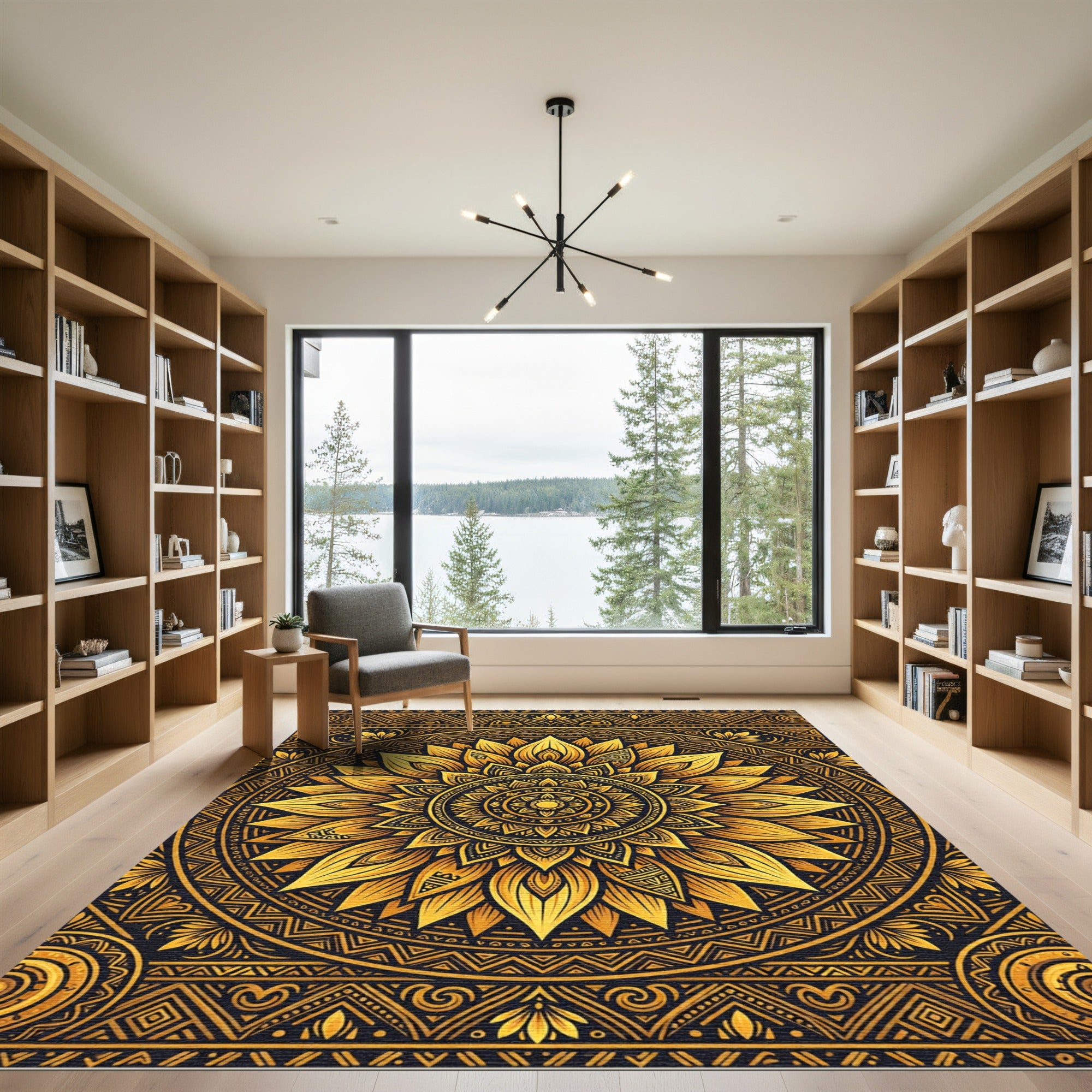 Golden Sunburst Mandala Geometric Art Rug