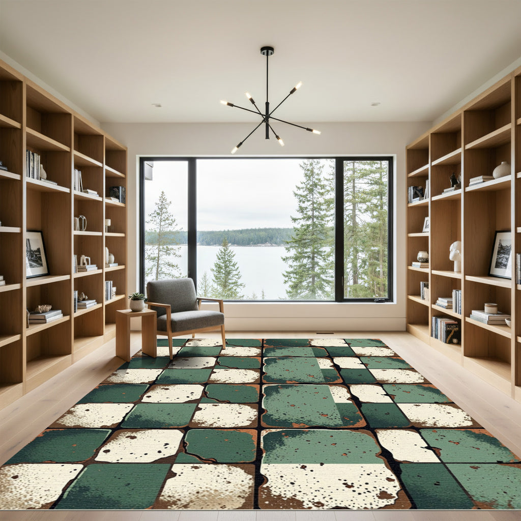 Distressed Sage Green Gingham Grid Block Rug