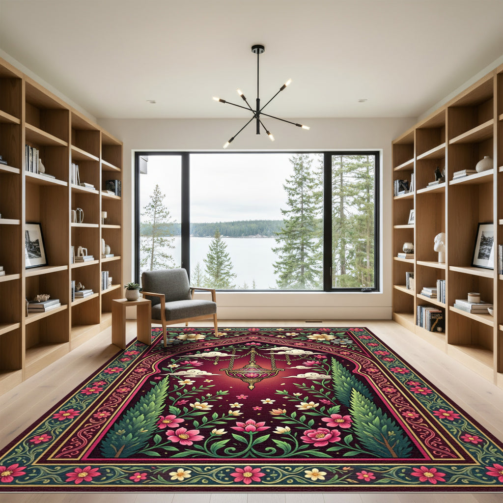 Crimson Botanical Lantern Arch Tapestry Rug