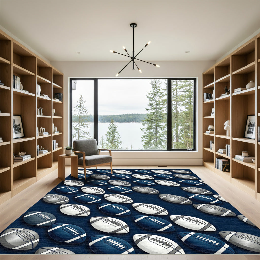Navy White Football Grid Area Accent Rug