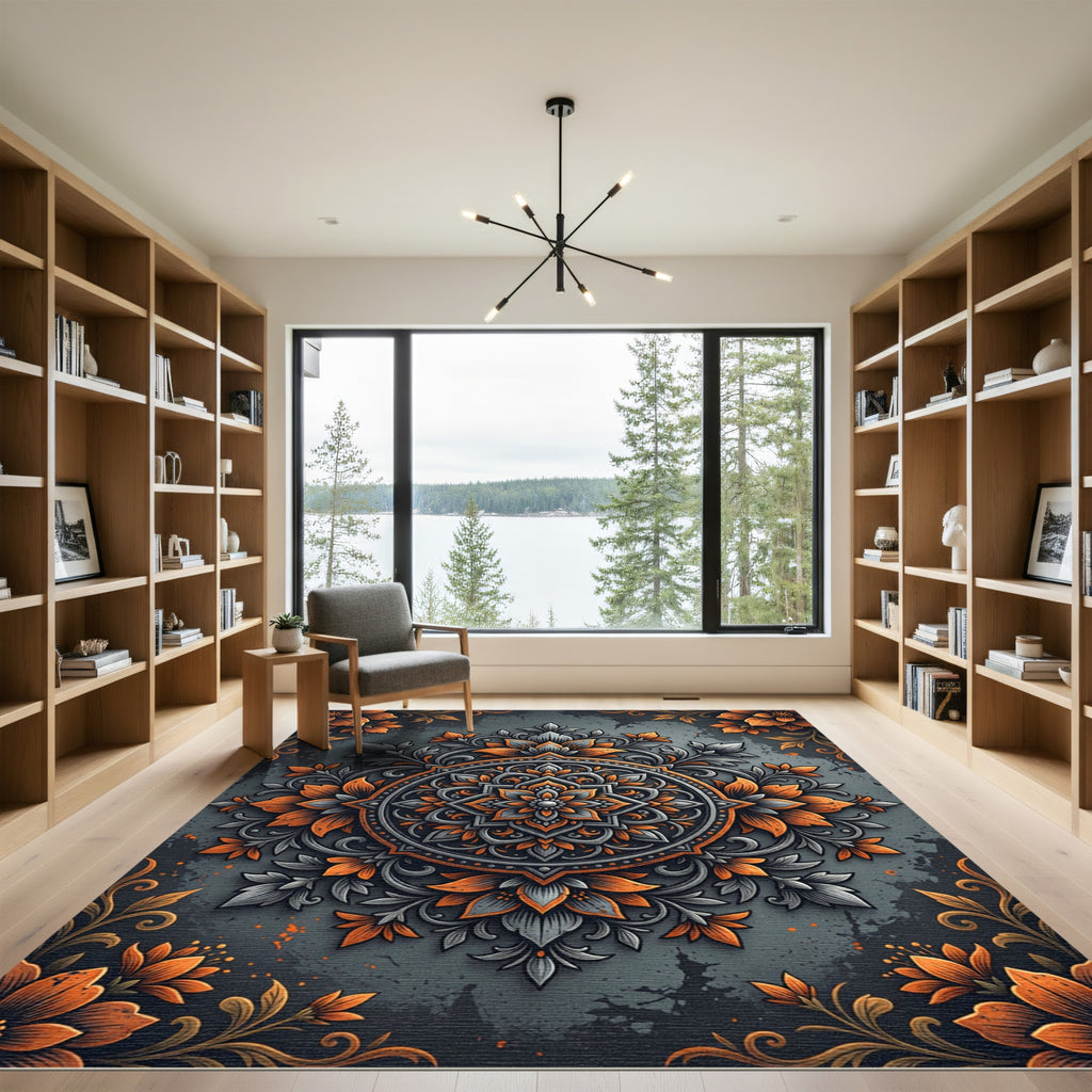 Charcoal and Orange Floral Medallion Rug