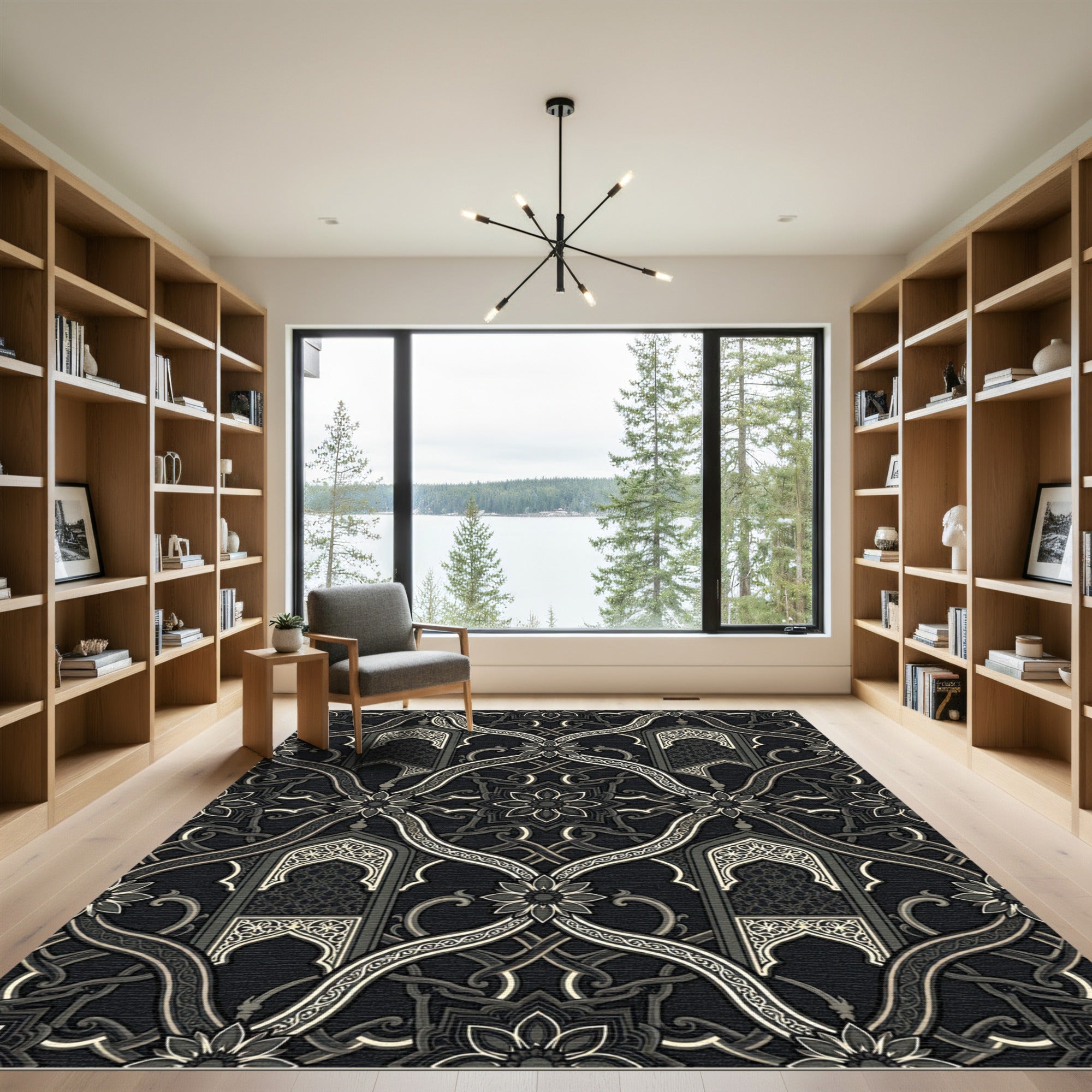 Ornate Black White Geometric Arch Rug