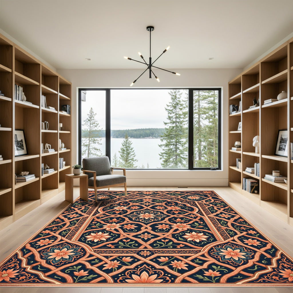 Ornate Terracotta Floral Geometric Medallion Rug
