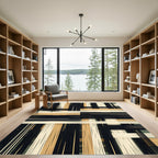Abstract Black Cream and Ochre Grid Rug