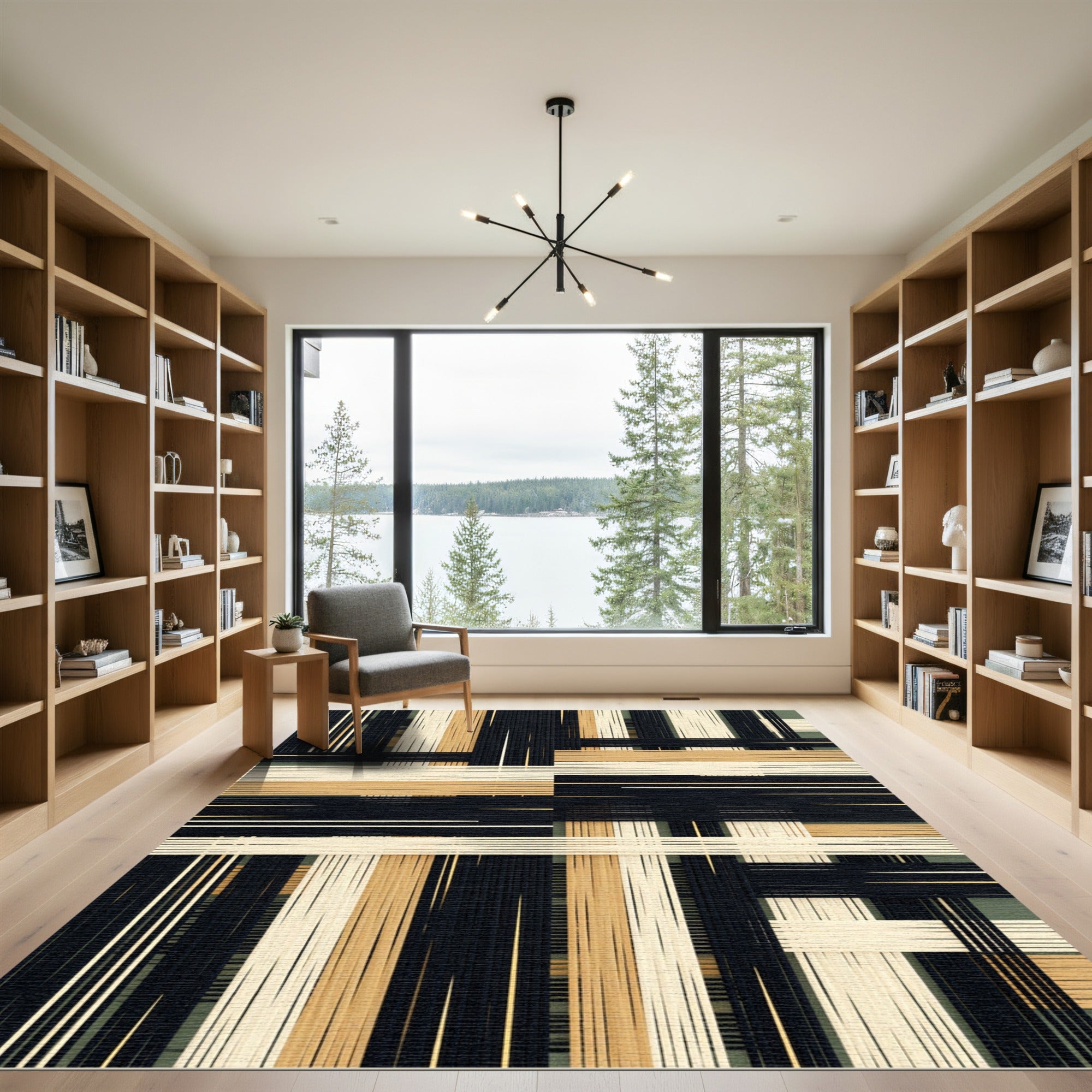 Abstract Black Cream and Ochre Grid Rug