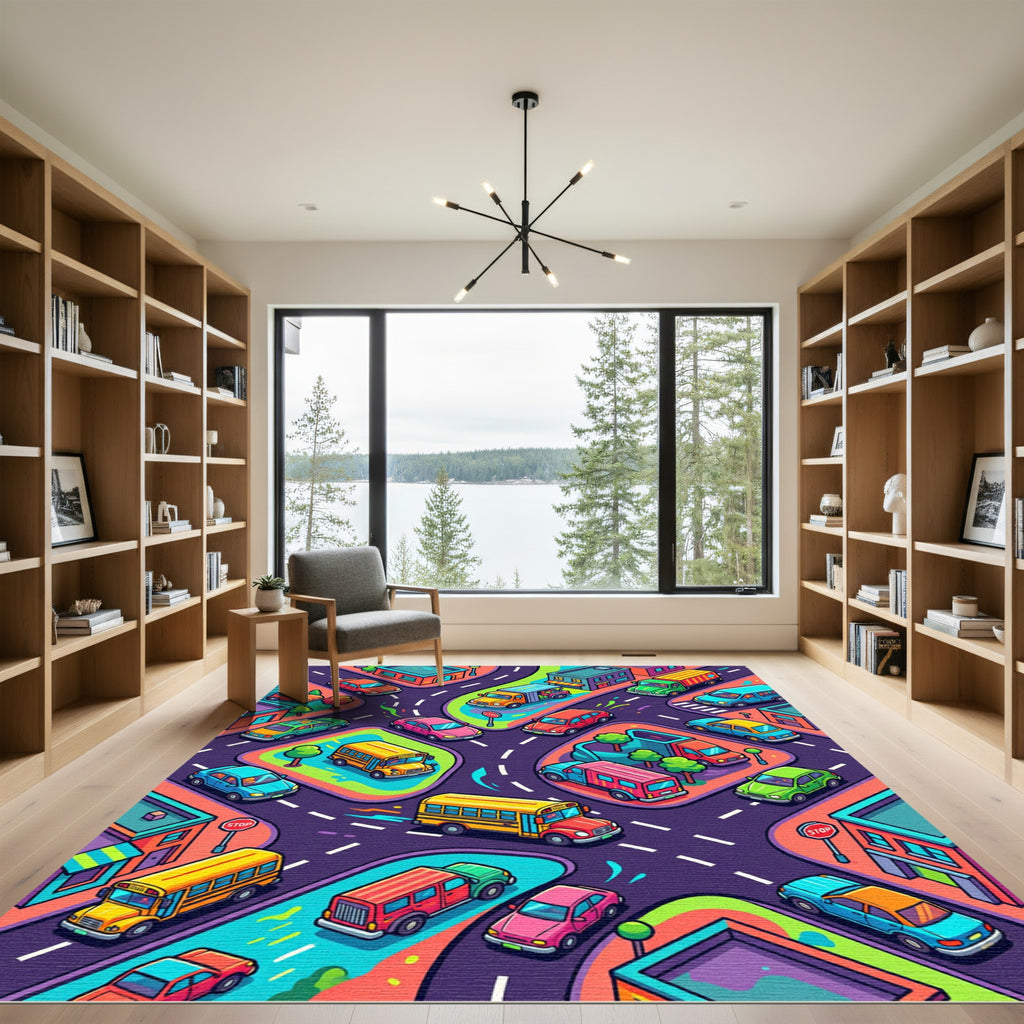 Vibrant Colorful Busy City Street Map Rug