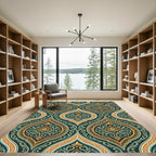 Elegant Teal and Golden Damask Medallion Rug