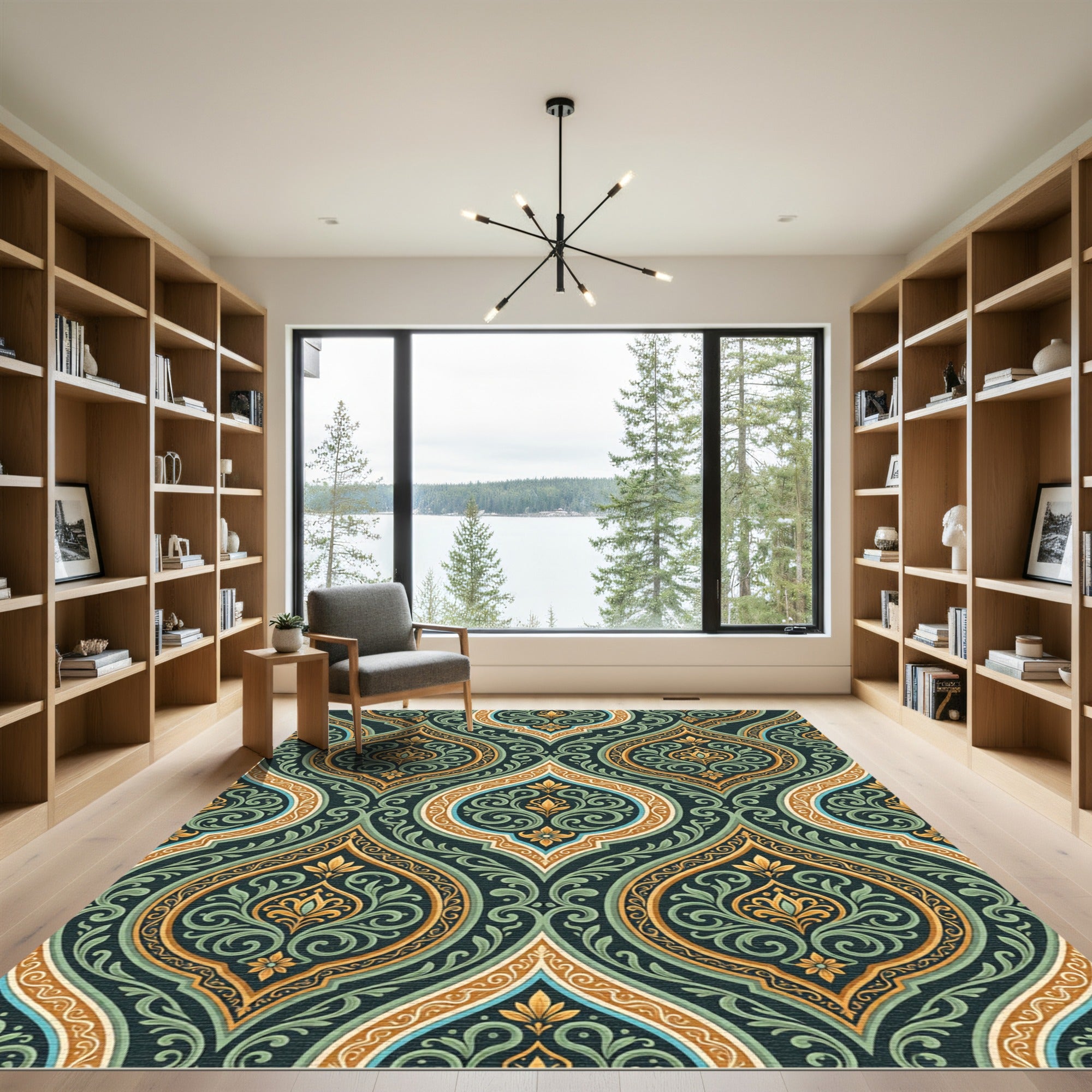 Elegant Teal and Golden Damask Medallion Rug