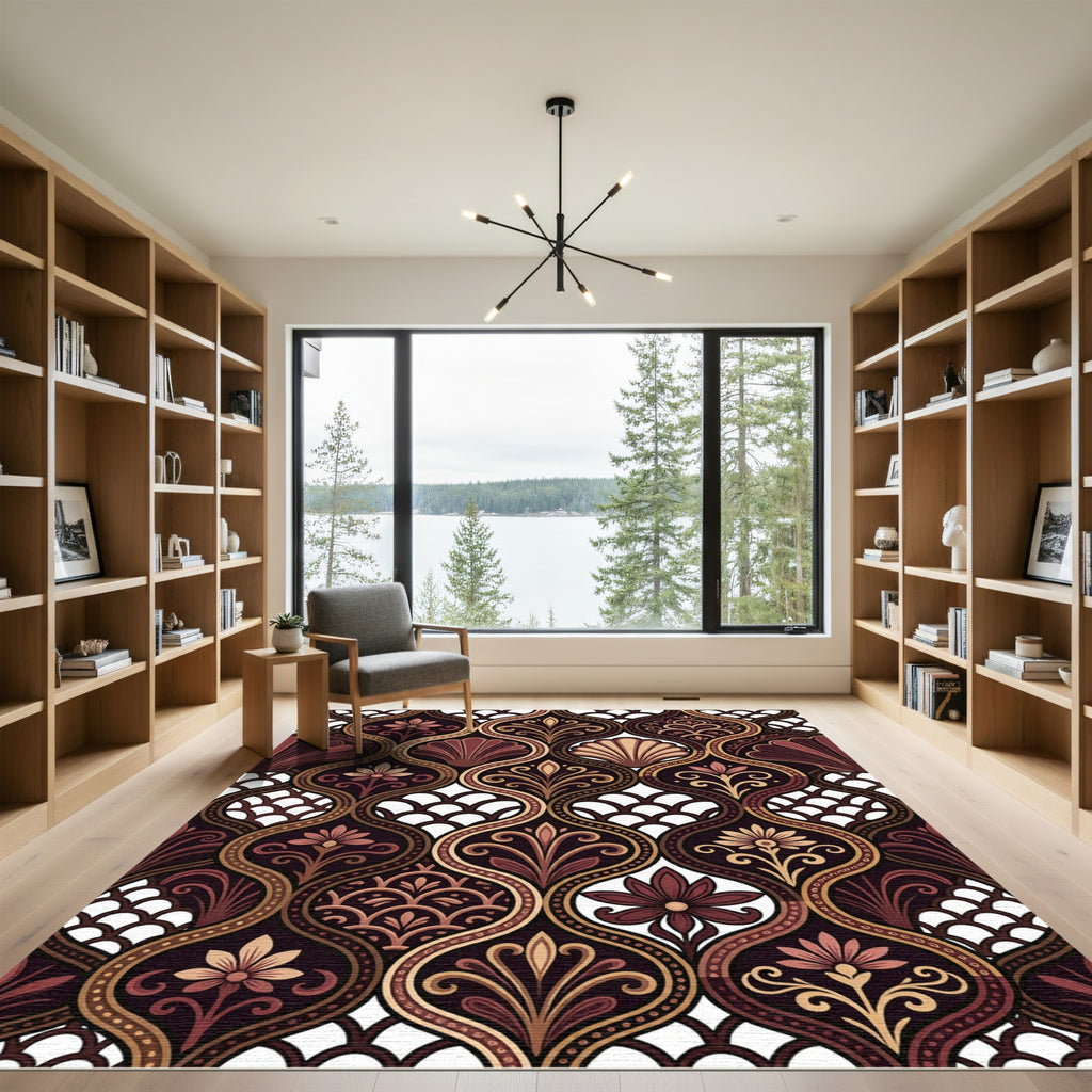Ornate Earthy Floral Ogee Scallop Rug
