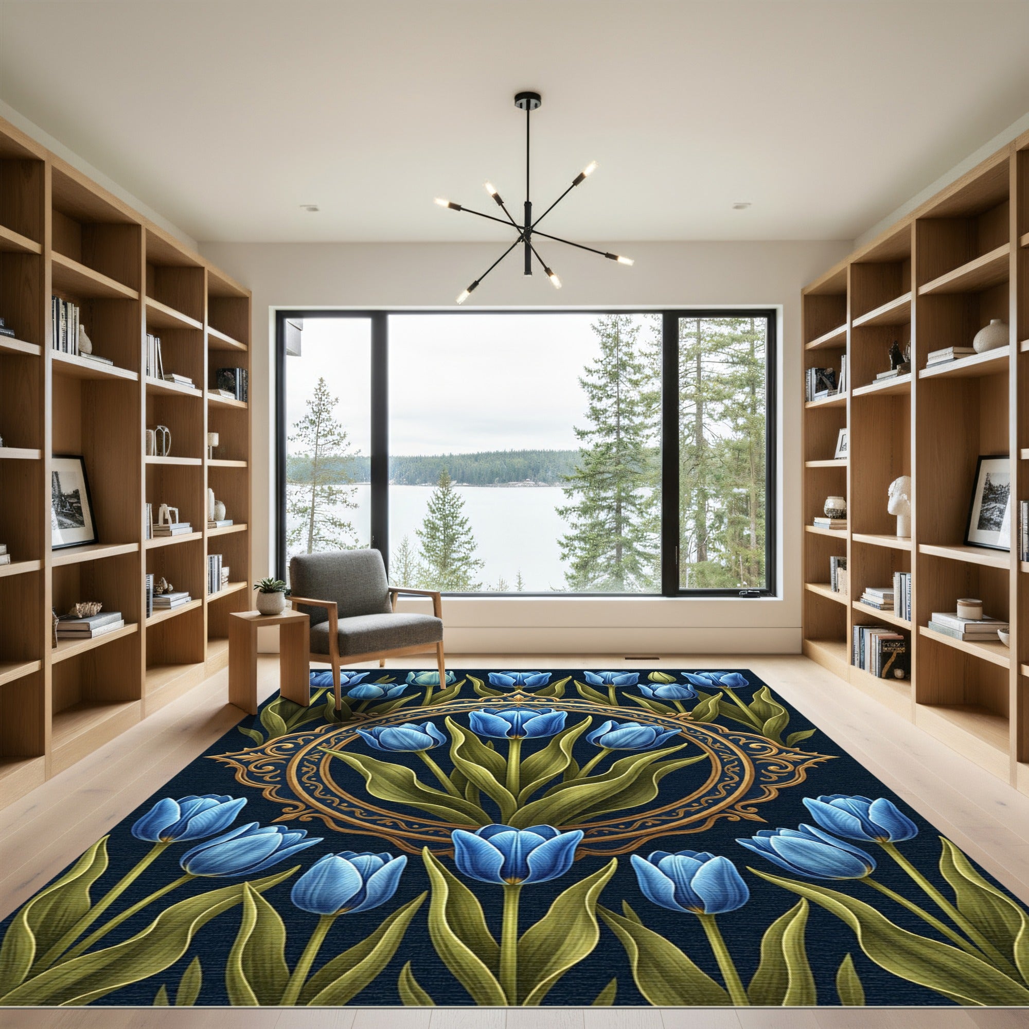 Ornate Blue Tulip Medallion Floral Rug