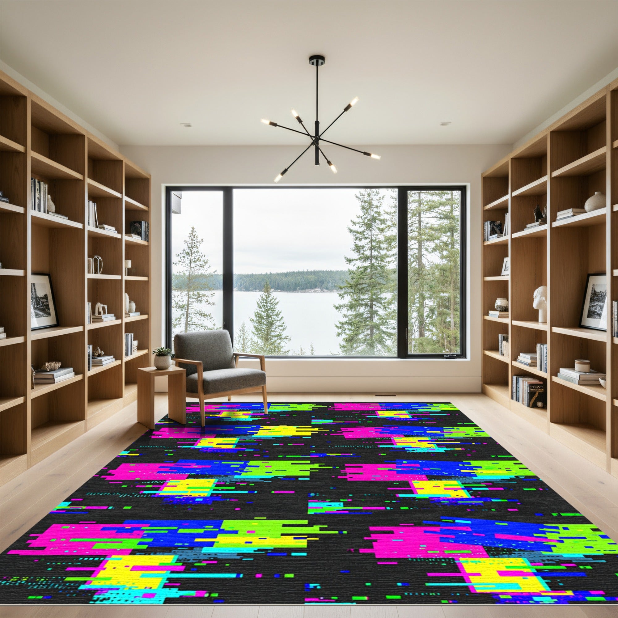 Neon Glitch Digital Pixel Grid Art Rug