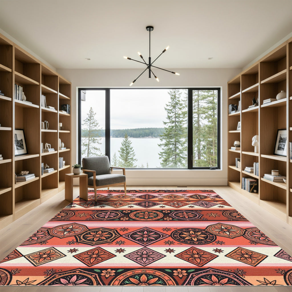 Warm Terracotta Orange Floral Diamonds Rug