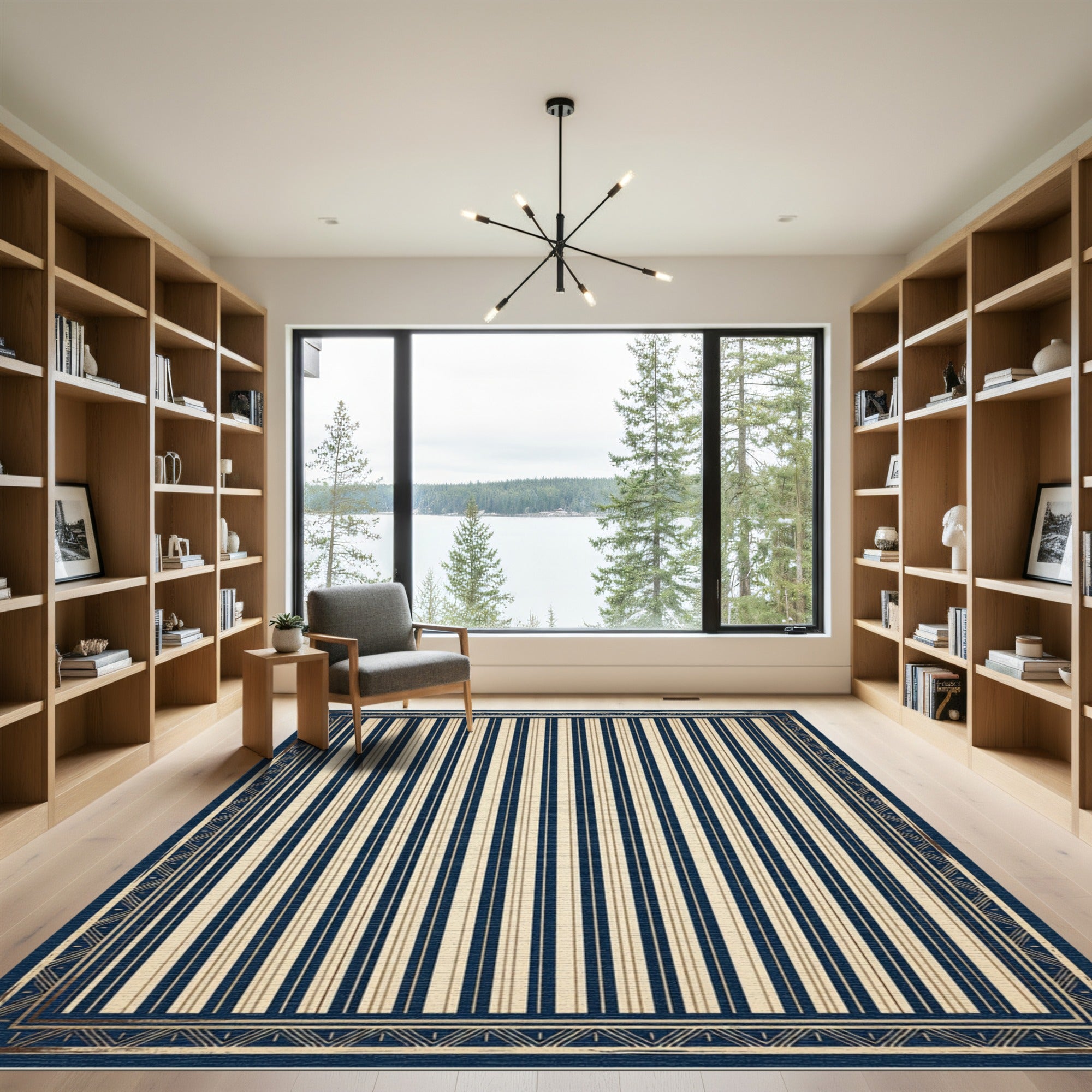 Navy Cream Vertical Stripe Border Rug