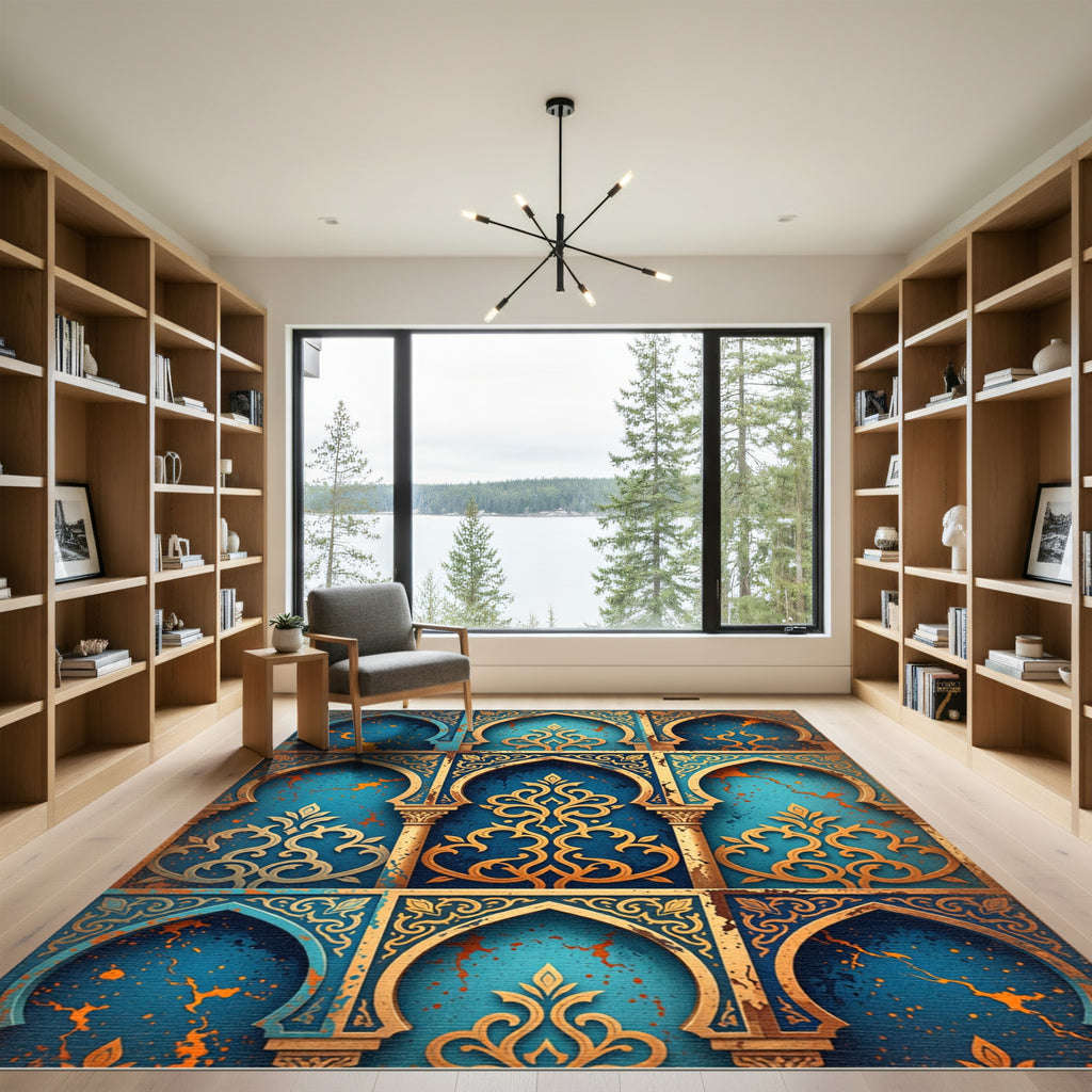 Golden Filigree Arches Blue Rug