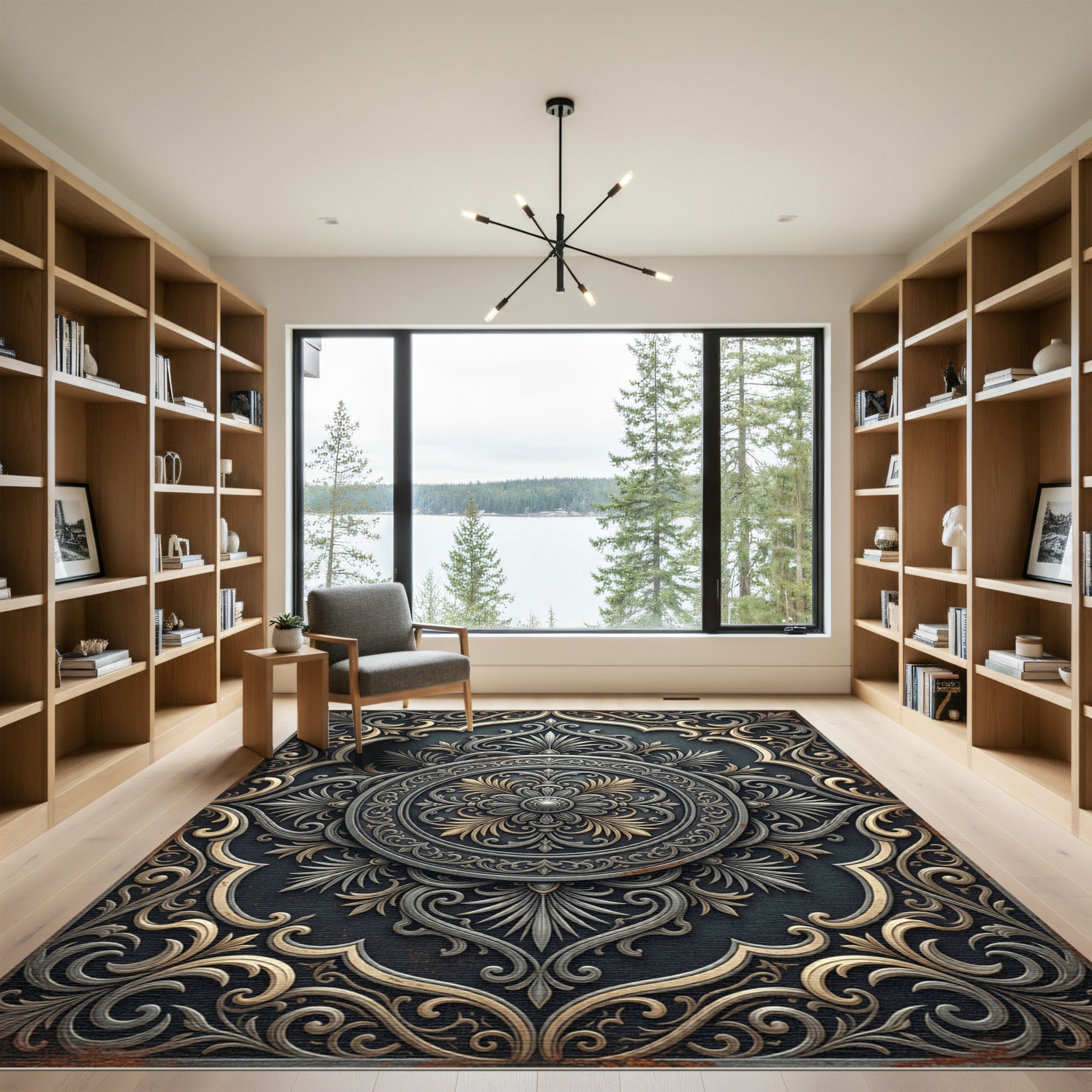 Ornate Silver Gold Damask Medallion Rug