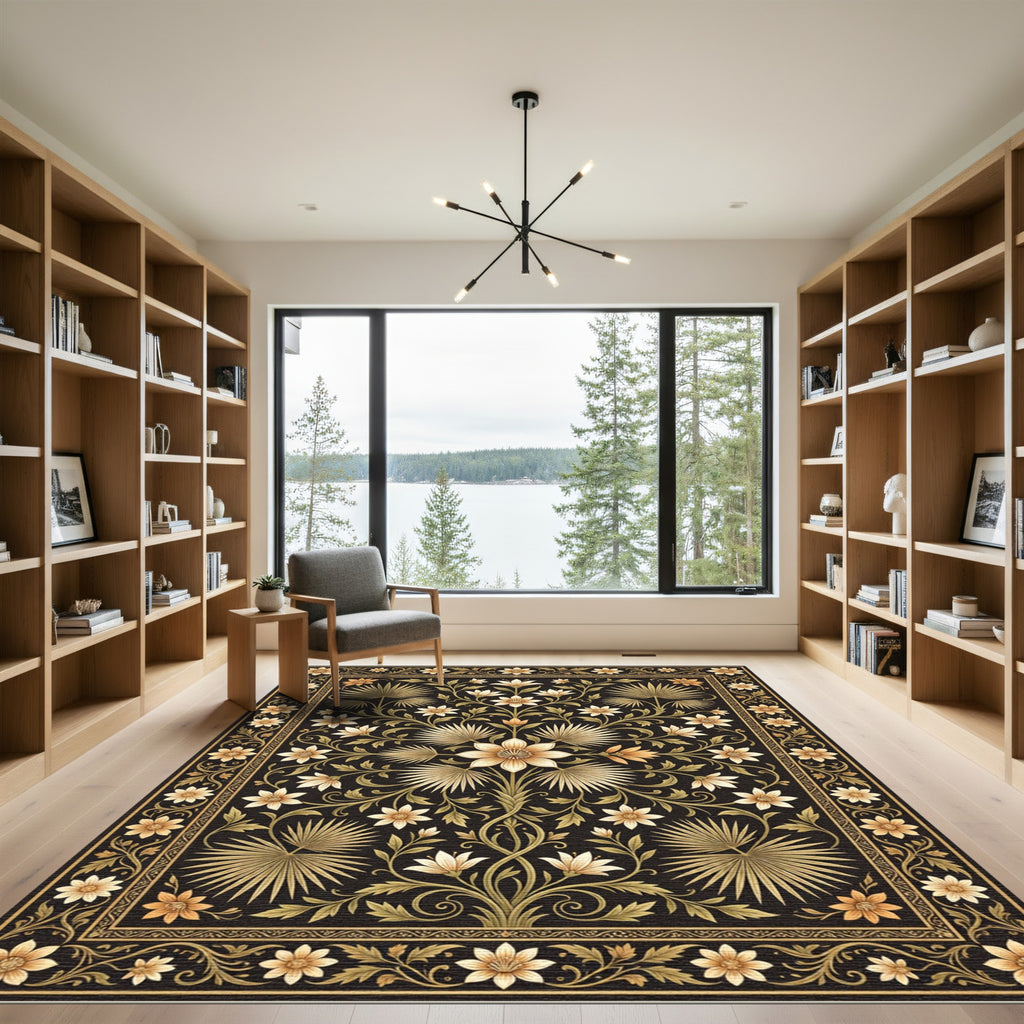 Black Golden Floral Palm Leaf Rug