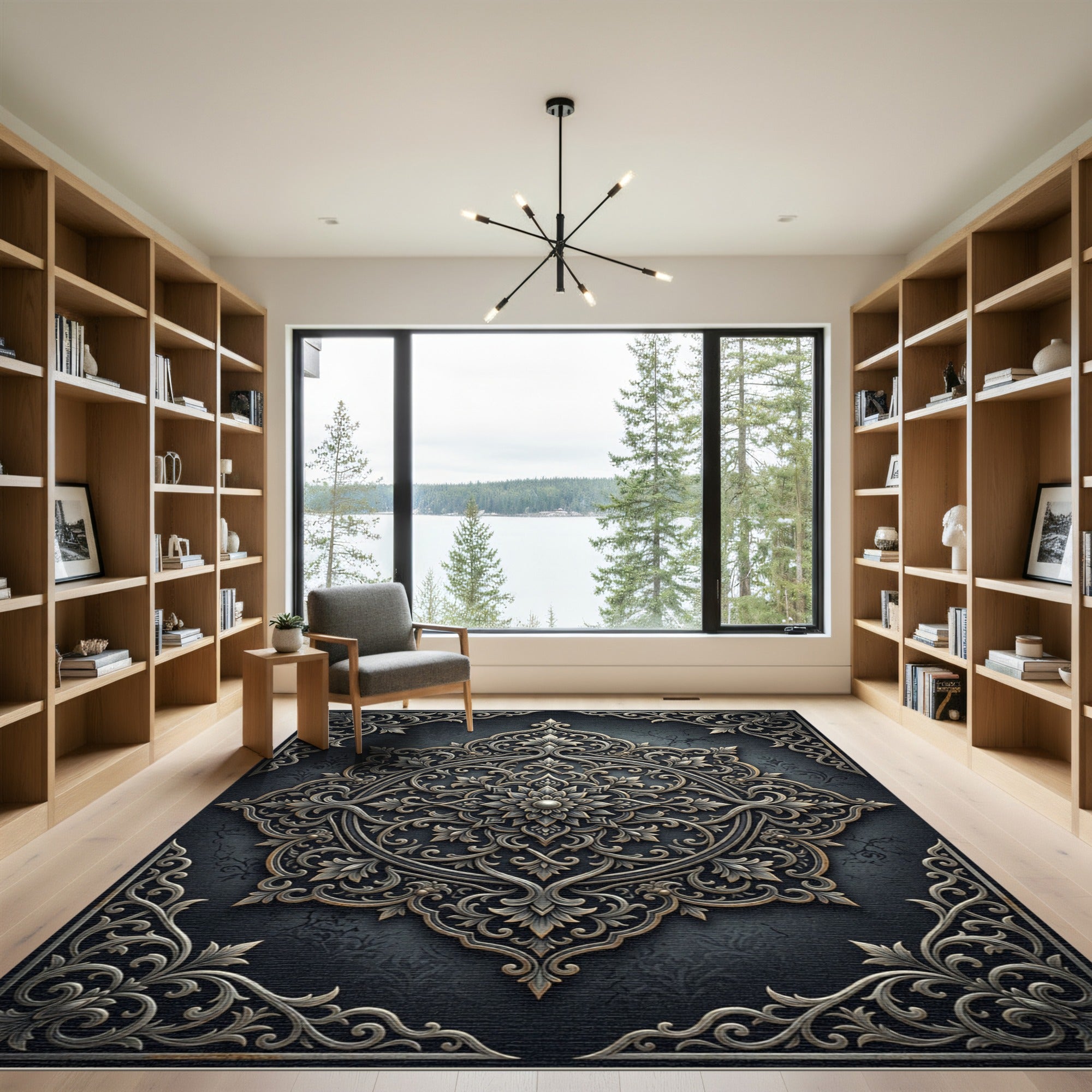 Ornate Charcoal Silver Floral Medallion Rug