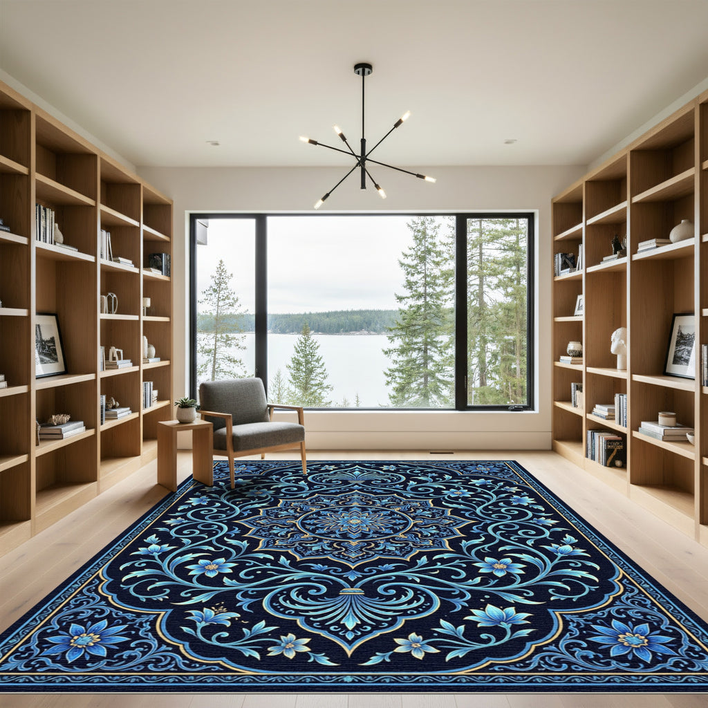 Ornate Sapphire Floral Medallion Scroll Rug