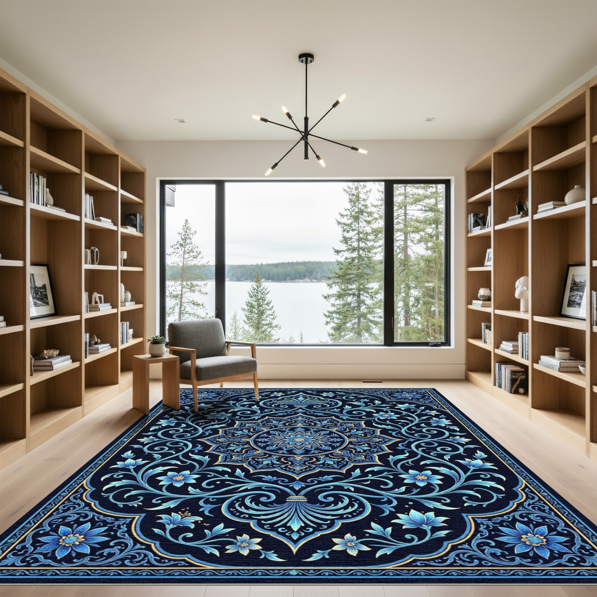 Ornate Sapphire Floral Medallion Scroll Rug